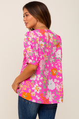 Fuchsia Floral Puff Sleeve Maternity Blouse