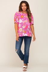 Fuchsia Floral Puff Sleeve Maternity Blouse