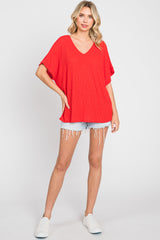 Red Rib Knit V-Neck Top