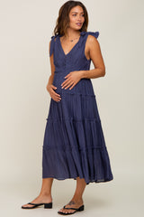 Navy Blue Linen Button Front Shoulder Tie Tiered Maternity Midi Dress