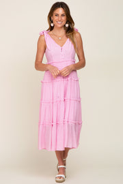 Pink Linen Button Front Shoulder Tie Tiered Midi Dress