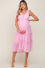 Pink Linen Button Front Shoulder Tie Tiered Maternity Midi Dress