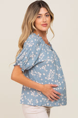 Blue Floral Ruffle Accent Maternity Top