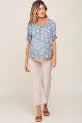 Blue Floral Ruffle Accent Maternity Top