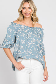 Blue Floral Ruffle Accent Top