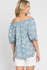 Blue Floral Ruffle Accent Top