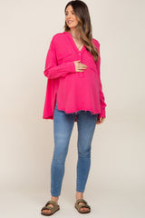 Fuchsia Gauze Double Pocket Front Button V-Neck Long Sleeve Maternity Top