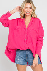 Fuchsia Gauze Double Pocket Front Button V-Neck Long Sleeve Top