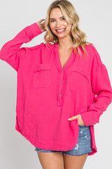 Fuchsia Gauze Double Pocket Front Button V-Neck Long Sleeve Top