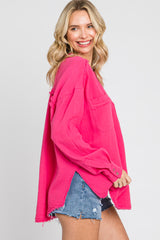 Fuchsia Gauze Double Pocket Front Button V-Neck Long Sleeve Top