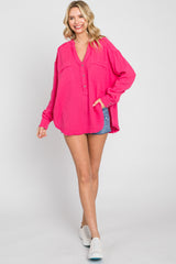 Fuchsia Gauze Double Pocket Front Button V-Neck Long Sleeve Top