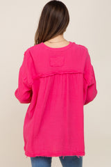 Fuchsia Gauze Double Pocket Front Button V-Neck Long Sleeve Maternity Top