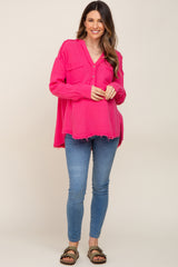 Fuchsia Gauze Double Pocket Front Button V-Neck Long Sleeve Maternity Top