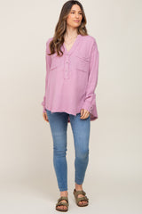 Lavender Gauze Double Pocket Front Button V-Neck Long Sleeve Maternity Top