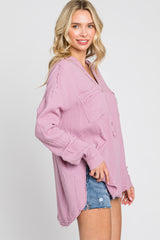 Lavender Gauze Double Pocket Front Button V-Neck Long Sleeve Top