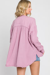 Lavender Gauze Double Pocket Front Button V-Neck Long Sleeve Top