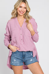 Lavender Gauze Double Pocket Front Button V-Neck Long Sleeve Top