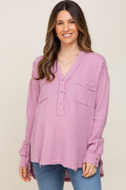 Lavender Gauze Double Pocket Front Button V-Neck Long Sleeve Maternity Top