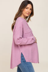 Lavender Gauze Double Pocket Front Button V-Neck Long Sleeve Maternity Top