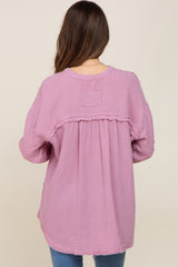 Lavender Gauze Double Pocket Front Button V-Neck Long Sleeve Maternity Top