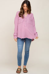 Lavender Gauze Double Pocket Front Button V-Neck Long Sleeve Maternity Top