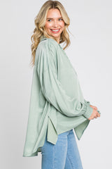 Mint Green Silk Collared V-Neck Long Sleeve Blouse