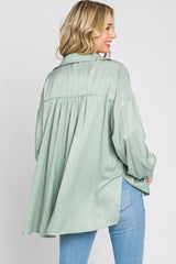 Mint Green Silk Collared V-Neck Long Sleeve Blouse