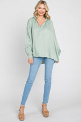 Mint Green Silk Collared V-Neck Long Sleeve Blouse