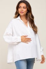 Ivory Silk Collared V-Neck Long Sleeve Maternity Blouse