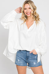 Ivory Silk Collared V-Neck Long Sleeve Blouse