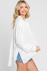 Ivory Silk Collared V-Neck Long Sleeve Blouse