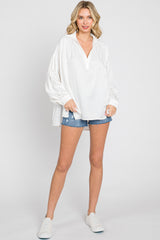 Ivory Silk Collared V-Neck Long Sleeve Blouse