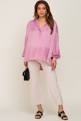 Mauve Silk Collared V-Neck Long Sleeve Maternity Blouse