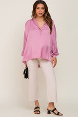 Mauve Silk Collared V-Neck Long Sleeve Maternity Blouse