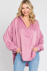 Mauve Silk Collared V-Neck Long Sleeve Maternity Blouse