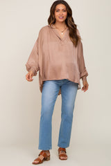 Taupe Silk Collared V-Neck Long Sleeve Maternity Blouse