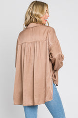 Taupe Silk Collared V-Neck Long Sleeve Blouse