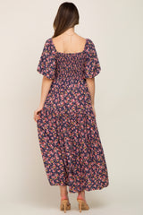 Navy Blue Floral Smocked Square Neck Maternity Maxi Dress