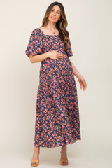 Navy Blue Floral Smocked Square Neck Maternity Maxi Dress