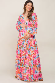 Multi Color Floral Tiered Chiffon Maternity Dress