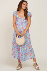 Light Blue Floral Back Cutout Maternity Midi Dress