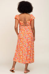 Orange Floral Back Cutout Midi Dress