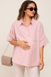 Light Pink Striped Collared Maternity Top