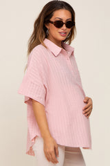 Light Pink Striped Collared Maternity Top