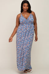 Blue Floral Wrap Front V-Neck Plus Maxi Dress