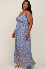 Blue Floral Wrap Front V-Neck Plus Maxi Dress