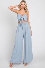 Light Blue Front Tie Crop Top and Pant Set