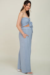 Light Blue Front Tie Crop Top and Pant Maternity Set