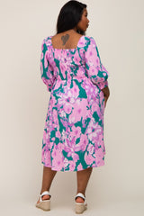 Lavender Floral Square Neck Smocked Plus Midi Dress