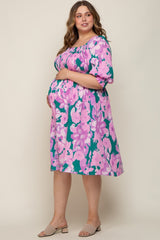 Lavender Floral Square Neck Smocked Maternity Plus Midi Dress